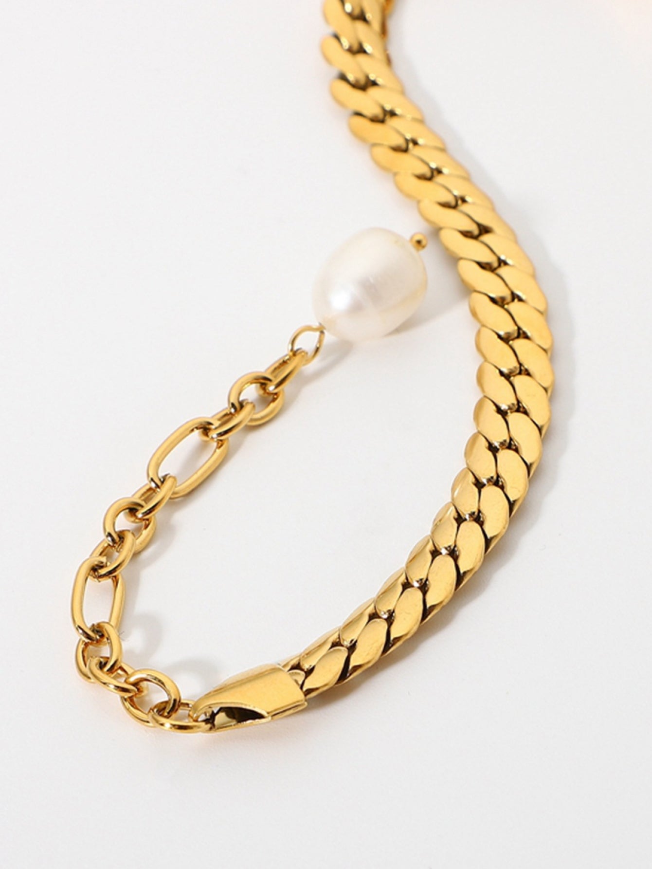 Thick Curb Stainless Steel Chain Bracelet with Pearl